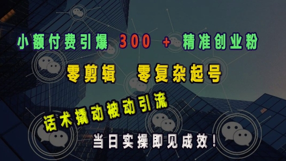 小额付费引爆 300 + 精准创业粉，零剪辑、零复杂起号，话术撬动被动引流，当日实操即见成效-策里行间