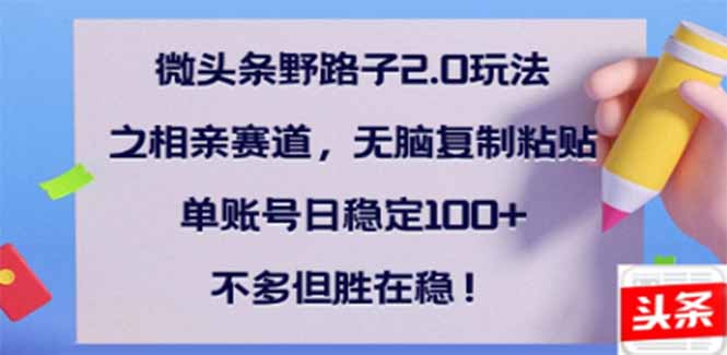 微头条野路子2.0玩法之相亲赛道，无脑搬砖复制粘贴，单账号日稳定300+…-策里行间