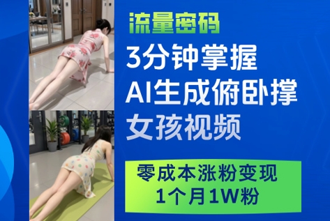 3分钟掌握AI生成俯卧撑女孩视频，零成本涨粉变现，1个月1W粉-策里行间
