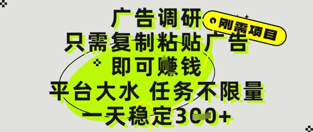 广告调研项目，只需复制粘贴广告即可挣钱，平台大水，任务不限量，一天3张【揭秘】-策里行间