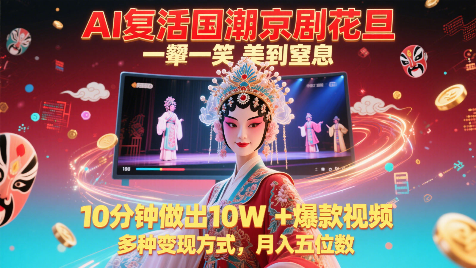 AI复活国潮京剧花旦，一颦一笑美到窒息，10分钟做出10W+爆款视频，多种变现方式-策里行间