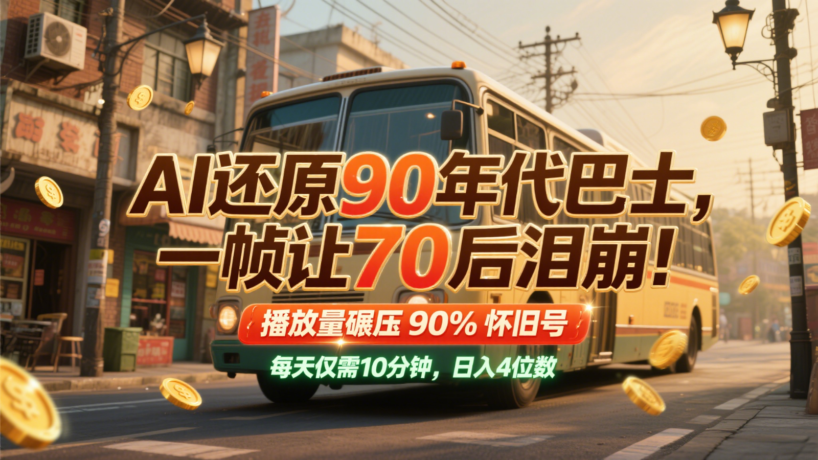 AI还原90年代巴士，一帧让70后泪崩！播放量碾压90%怀旧号，每天10分钟，日入4位数-策里行间