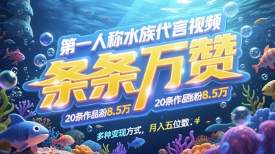 第一人称水族代言视频，条条万赞，20条作品涨粉7.8W，多种变现方式月入五位数-策里行间
