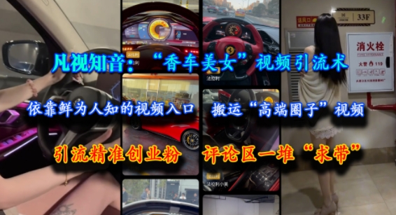 凡视知音：“香车美女”视频引流术，依靠鲜为人知的视频入口，搬运“高端圈子”视频，引流精准创业粉，评论区一堆“求带”-策里行间
