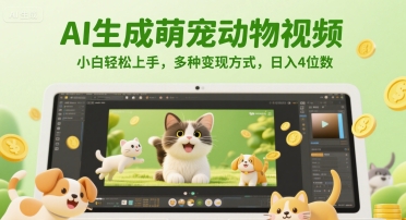 AI生成萌宠动物视频，小白轻松上手，多种变现方式，日入4位数-策里行间