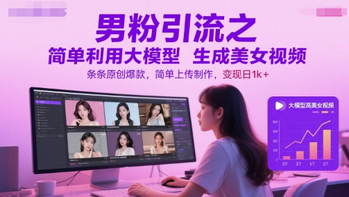 男粉引流之简单利用大模型生成美女视频，条条原创爆款，简单上传制作，变现日1k+-策里行间