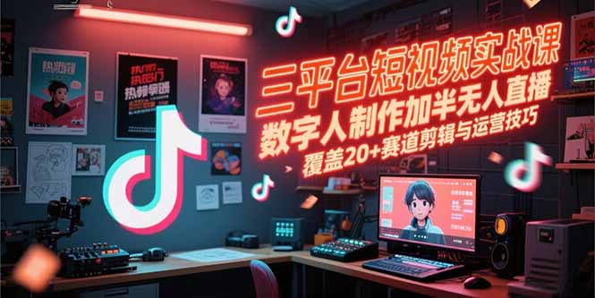 三平台短视频实战课，数字人制作加半无人直播，覆盖20+赛道剪辑与运营技巧-策里行间