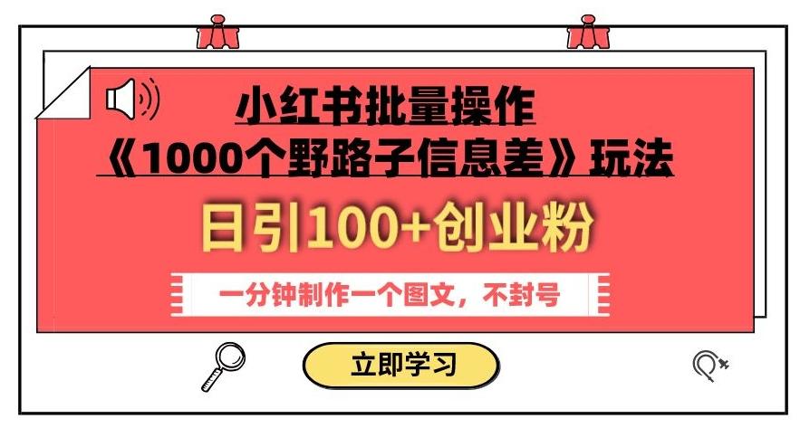 小红书批量操作《1000个野路子信息差》玩法，一分钟制作一个图文，不封号，日引100+创业粉-策里行间