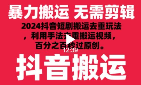 2024最新抖音搬运技术，抖音短剧视频去重，手法搬运，利用工具去重，达到秒过原创的效果【揭秘】-策里行间