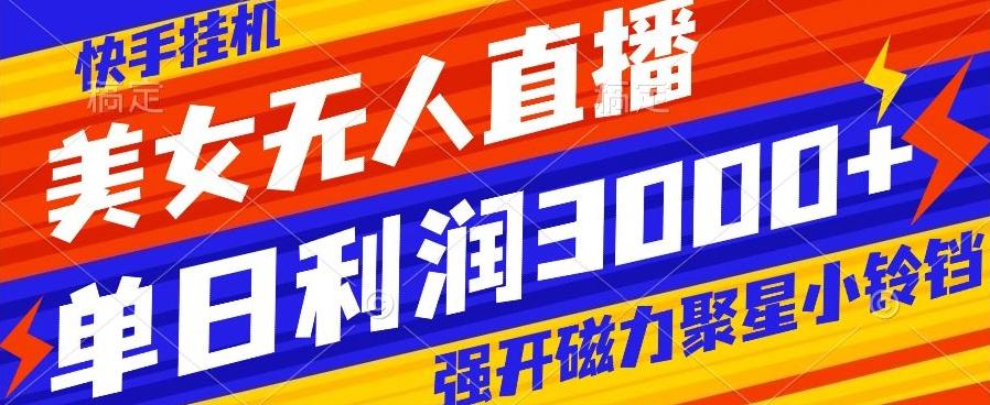 快手挂机，美女无人直播，强开磁力聚星小铃铛，日入3000+-策里行间