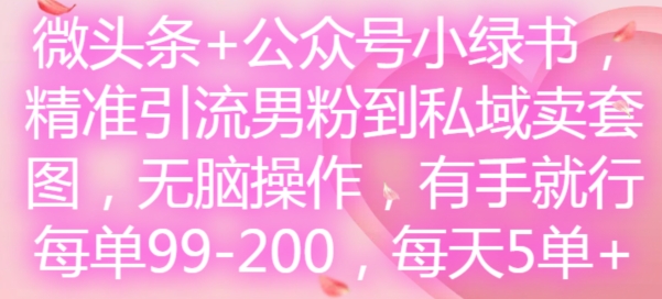 微头条+公众号小绿书，精准引流男粉到私域卖套图，无脑操作，有手就行，每单99-200，每天5单-策里行间
